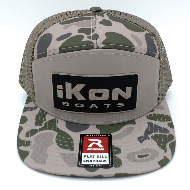 Load image into Gallery viewer, iKon 7-Panel Flat Bill Patch Hat - Marsh Duck Camo
